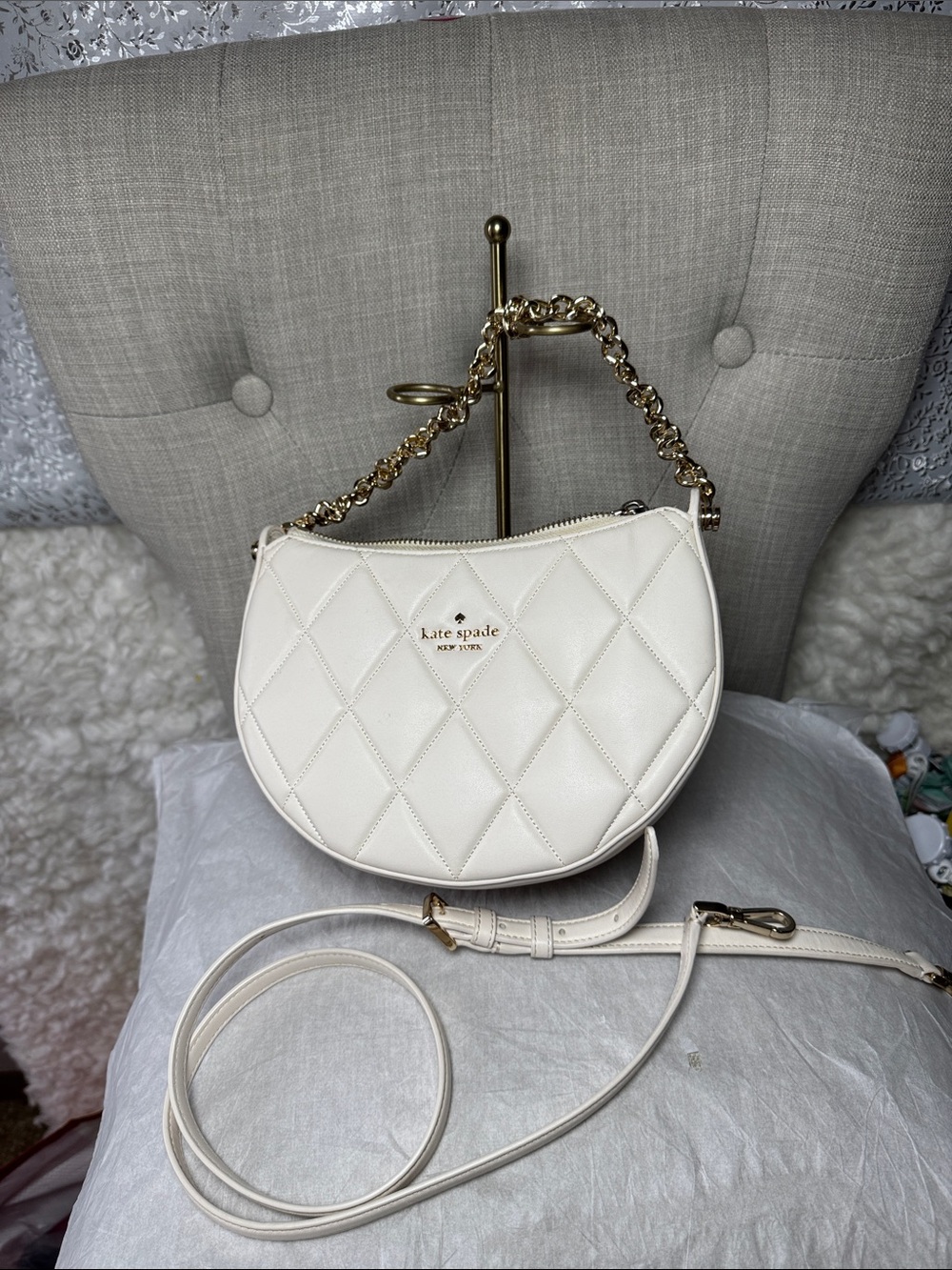 kate spade Cream Quilted Half-Moon Crossbody with Gold Chain
